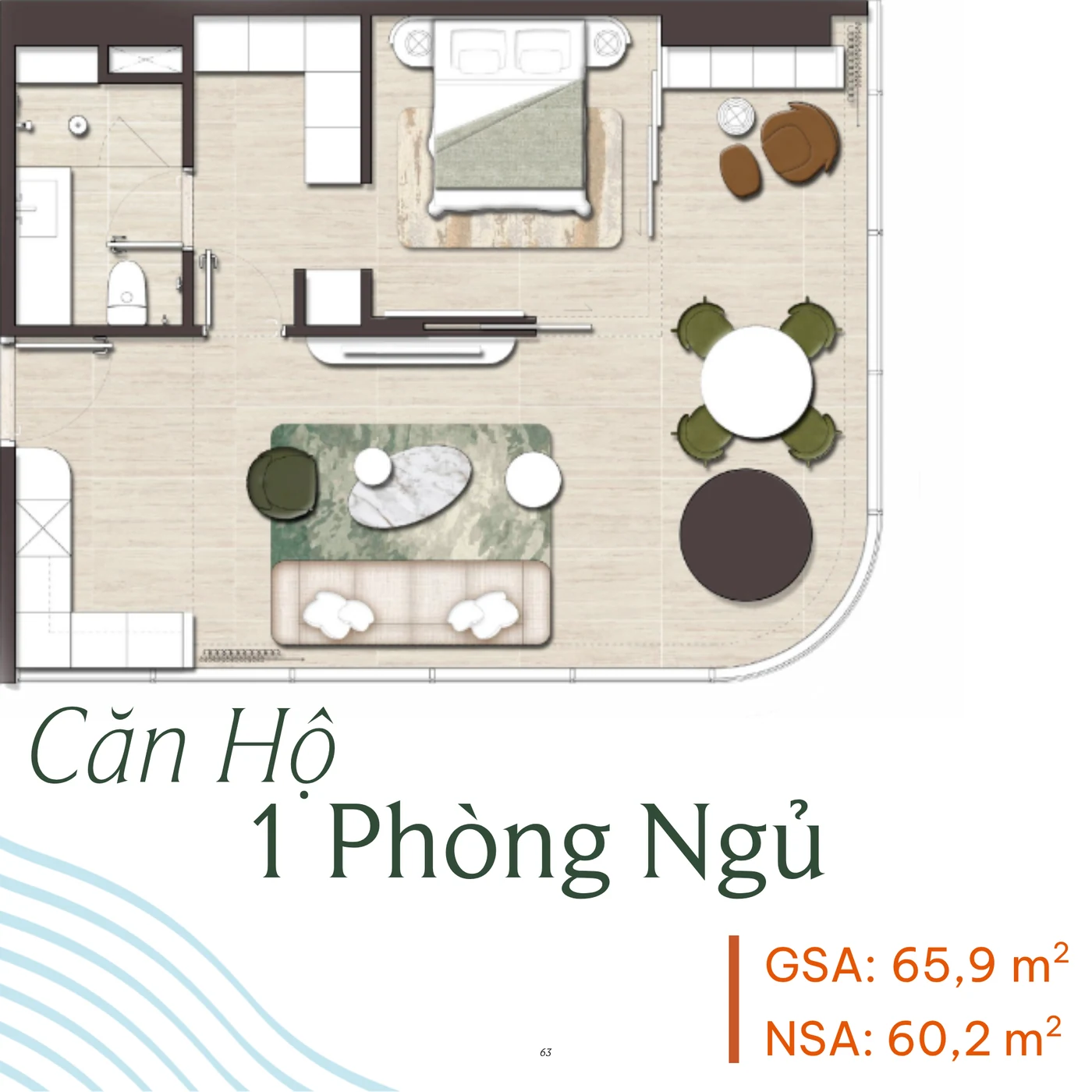 Mặt bằng căn hộ 1 phòng ngủ – GSA 65,9 m², NSA 60,2 m²