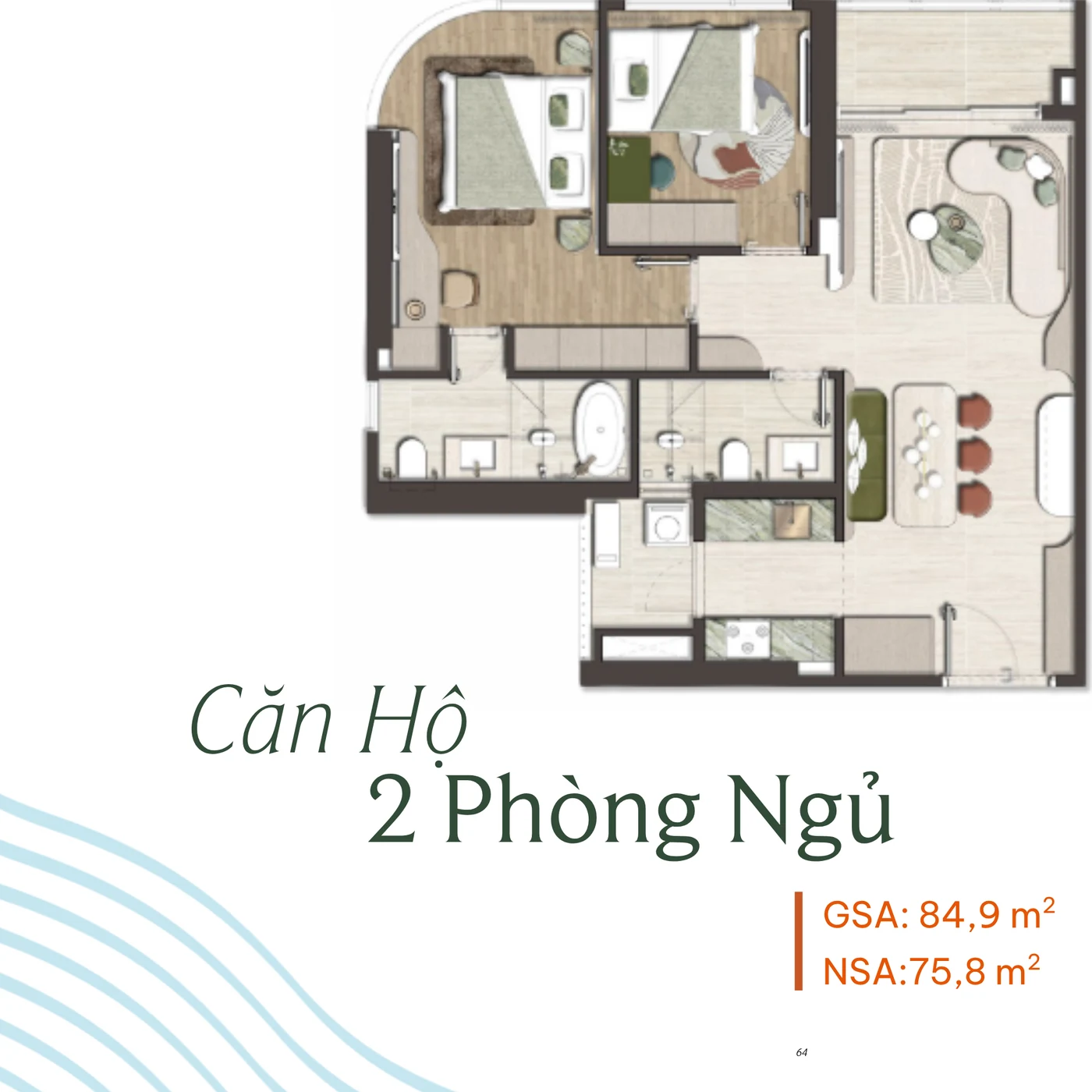 Mặt bằng căn hộ 2 phòng ngủ – GSA 84,9 m², NSA 75,8 m²