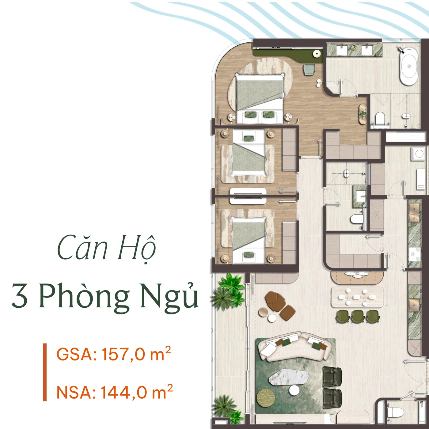 Mặt bằng căn hộ 3 phòng ngủ – GSA 157,0 m², NSA 144,0 m²